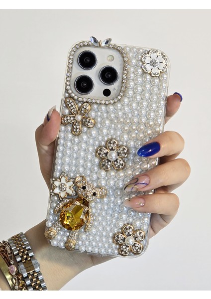 Apple iPhone 13 Pro Max Uyumlu Incili ve 3D Karakterli El Yapımı Taşlı Premium Koruyucu Telefon Kılıfı