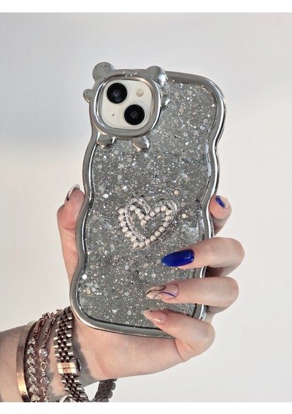 Apple iPhone 15 Plus Uyumlu Parlak Simli Desenli Ayıcık Karakterli Premium Telefon Kılıfı