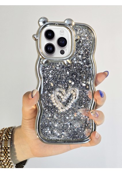 Apple iPhone 12 Pro Max Uyumlu Parlak Simli Desenli Ayıcık Karakterli Premium Telefon Kılıfı