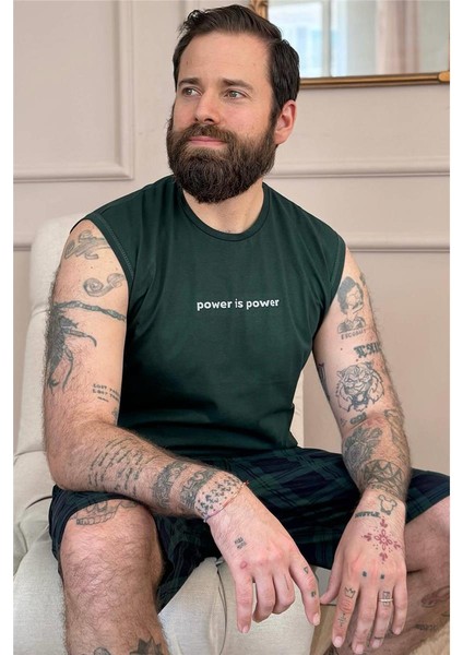 Yeşil Power Baskılı Sıfır Kol Şortlu Erkek Pijama Takımı
