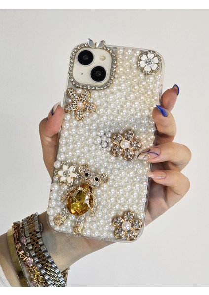 Apple iPhone 15 ve 14 Plus Uyumlu Incili ve 3D Karakterli El Yapımı Taşlı Premium Koruyucu Telefon Kılıfı