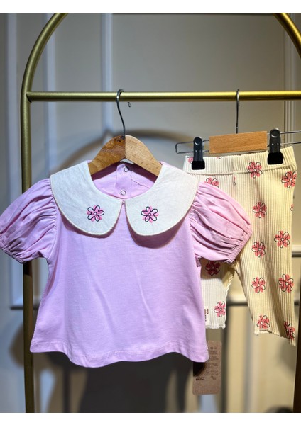 Çiçek Yaka Detaylı Kız Bebek Soft Pembe Alt-Üst Takım %100 Organıc Cotton