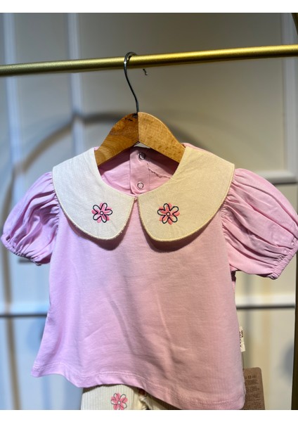 Çiçek Yaka Detaylı Kız Bebek Soft Pembe Alt-Üst Takım %100 Organıc Cotton fırsatları