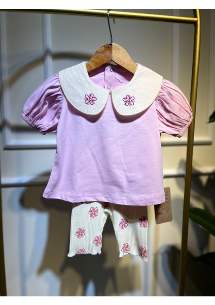 Çiçek Yaka Detaylı Kız Bebek Soft Pembe Alt-Üst Takım %100 Organıc Cotton modelleri
