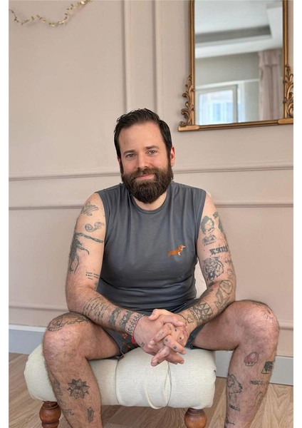 Füme Dasch Baskılı Sıfır Kol Şortlu Erkek Pijama Takımı
