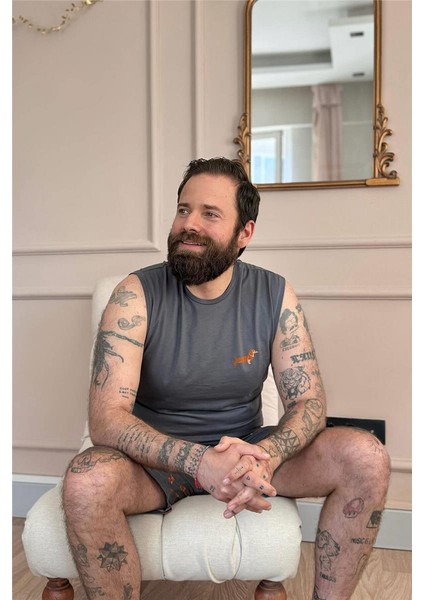 Füme Dasch Baskılı Sıfır Kol Şortlu Erkek Pijama Takımı