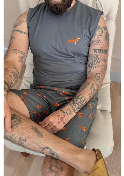 Füme Dasch Baskılı Sıfır Kol Şortlu Erkek Pijama Takımı