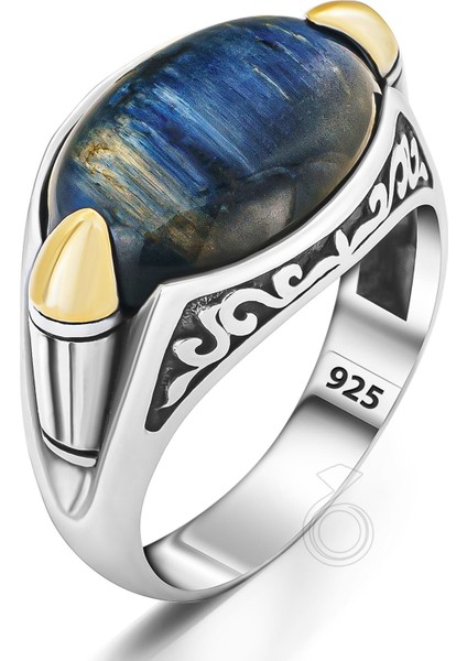 Gümüş Mavi Kaplan Gözü Taşlı Mermi Tasarım Erkek Yüzük