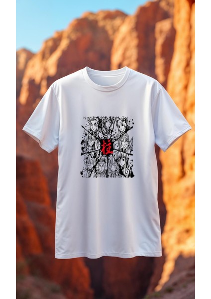 DS86 Demon Slayer Beyaz Baskılı Tişört Premium Kaliteli Kumaş Soyulmayan Baskı