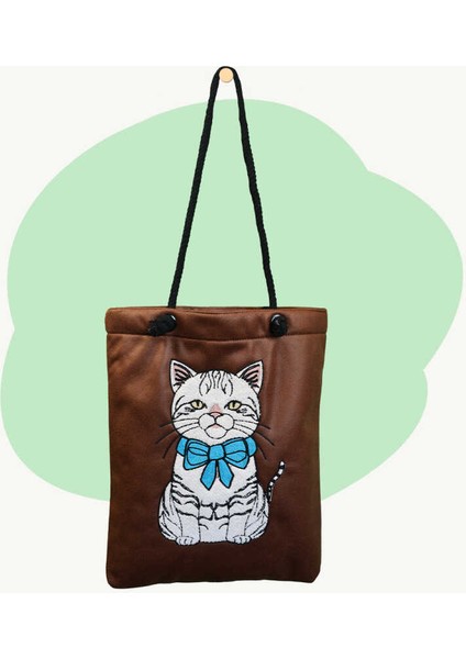 Kedi Desenli Punch Heybe Kadın Omuz Çantası