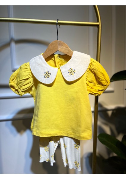 Çiçek Yaka Detaylı Kız Bebek Sarı Alt-Üst Takım %100 Organıc Cotton