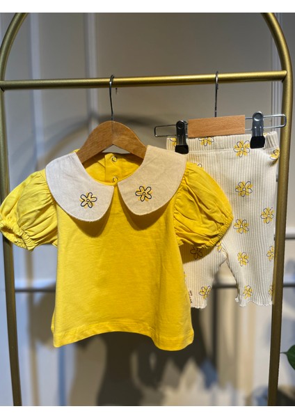 Çiçek Yaka Detaylı Kız Bebek Sarı Alt-Üst Takım %100 Organıc Cotton fiyatları