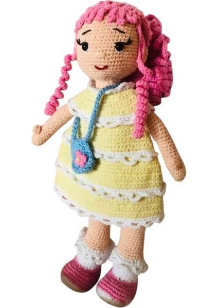 Amigurumi Örgü Sarı Elbiseli Kız Oyuncak Bebek