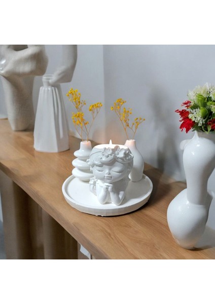 Dekoratif Çiçekli Kız Figürlü Tealight Mumluk, Modern Vazo Seti ve Yuvarlak Tepsi