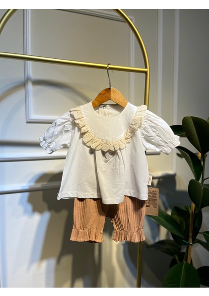 Fırfırlı Fisto Yakalı Kız Bebek Kahverengi Alt-Üst Takım %100 Organıc Cotton