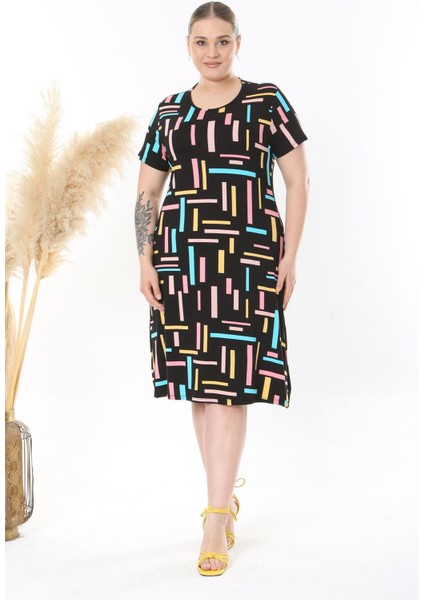 Kadın Siyah Pembe Geometrik Çizgi Desen Midi Elbise modelleri