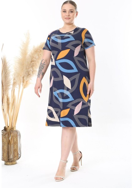 Kadın Lacivert Mavi Geometrik Desen Midi Elbise