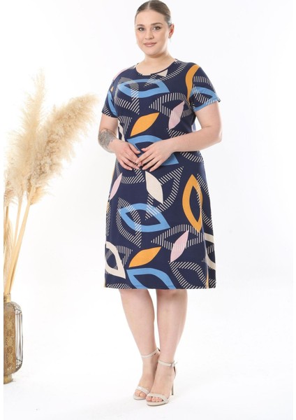 Kadın Lacivert Mavi Geometrik Desen Midi Elbise modelleri