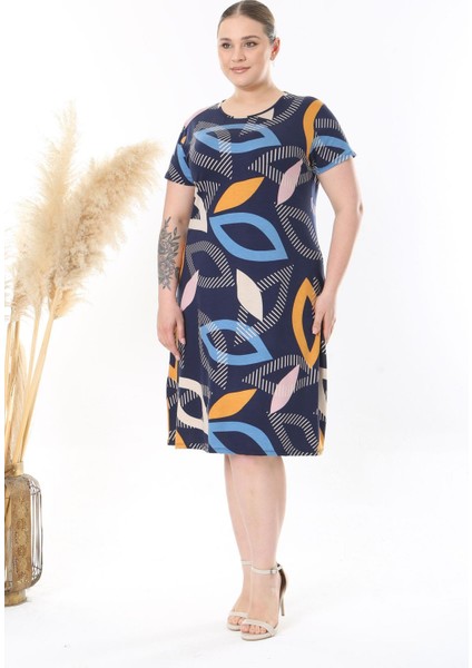 Kadın Lacivert Mavi Geometrik Desen Midi Elbise fırsatları