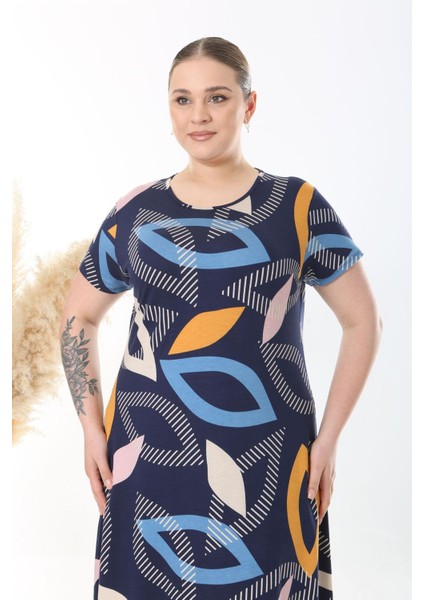 Kadın Lacivert Mavi Geometrik Desen Midi Elbise indirimleri