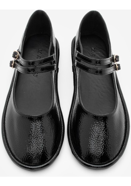 Kadın Çift Bantlı Tokalı Babet Larzen Siyah Rugan