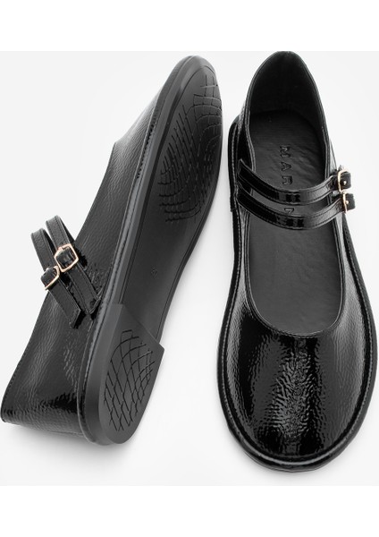 Kadın Çift Bantlı Tokalı Babet Larzen Siyah Rugan