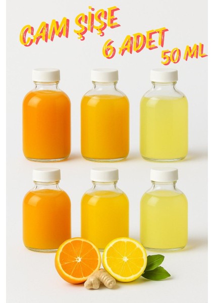 6 Adet Cam 50 ml Mini Shot Ginger Detox Şişe Plastik Sızdırmaz Kapaklı Kolonya Koku Süs Küçük Şişe