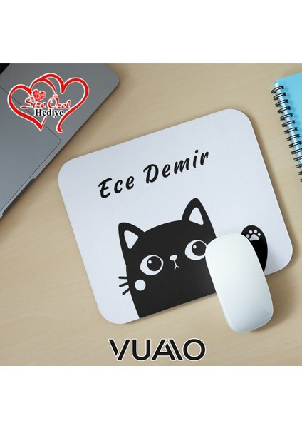Kişiye Özel Isimli ve Kedi Temalı Mouse Pad 21X17 Cm, Kaymaz Taban - Baskılı Mousepad