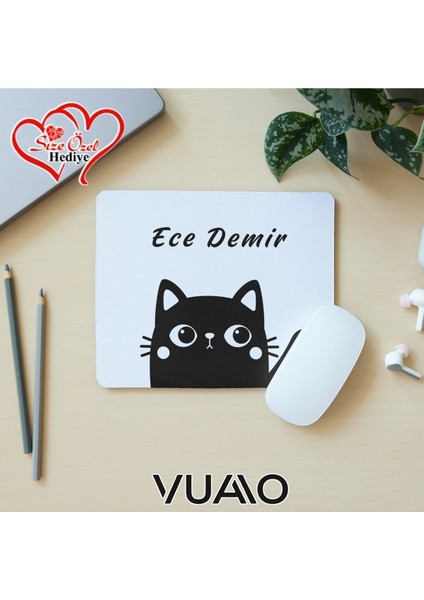 Kişiye Özel Isimli ve Kedi Temalı Mouse Pad 21X17 Cm, Kaymaz Taban - Baskılı Mousepad