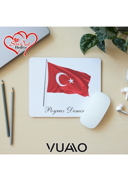 Kişiye Özel Isimli ve Türk Bayraklı Mouse Pad 21X17 Cm, Kaymaz Taban - Baskılı Mousepad