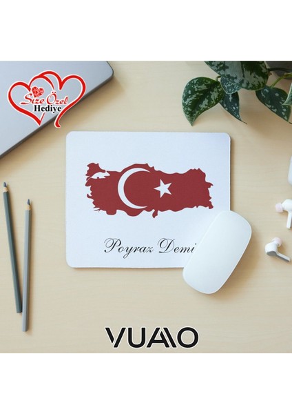 Kişiye Özel Isimli ve Türk Bayraklı Mouse Pad 21X17 Cm, Kaymaz Taban - Baskılı Mousepad