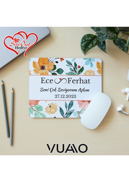 Kişiye Özel Isimli ve Tarihli Desenli Mouse Pad 21X17 Cm, Kaymaz Taban - Baskılı Mousepad