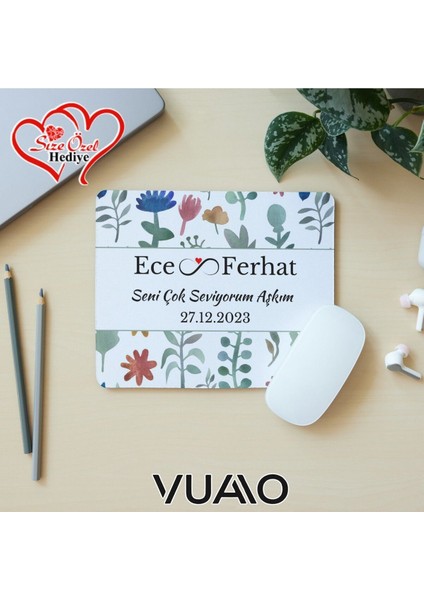 Kişiye Özel Isimli ve Tarihli Desenli Mouse Pad 21X17 Cm, Kaymaz Taban - Baskılı Mousepad