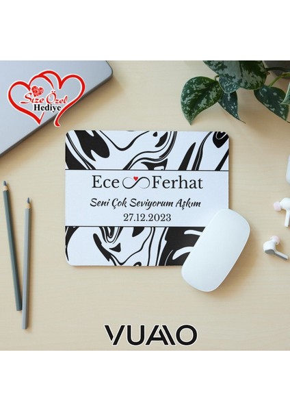 Kişiye Özel Isimli ve Tarihli Desenli Mouse Pad 21X17 Cm, Kaymaz Taban - Baskılı Mousepad