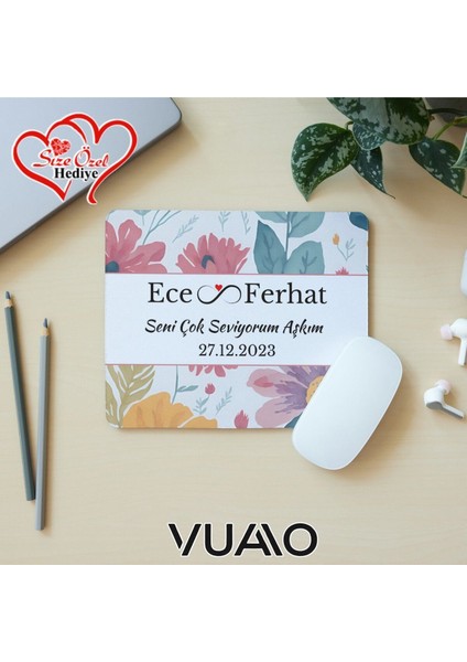 Kişiye Özel Isimli ve Tarihli Desenli Mouse Pad 21X17 Cm, Kaymaz Taban - Baskılı Mousepad