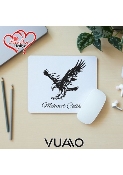Kişiye Özel Isimli ve Kartal Temalı Mouse Pad 21X17 Cm, Kaymaz Taban - Baskılı Mousepad