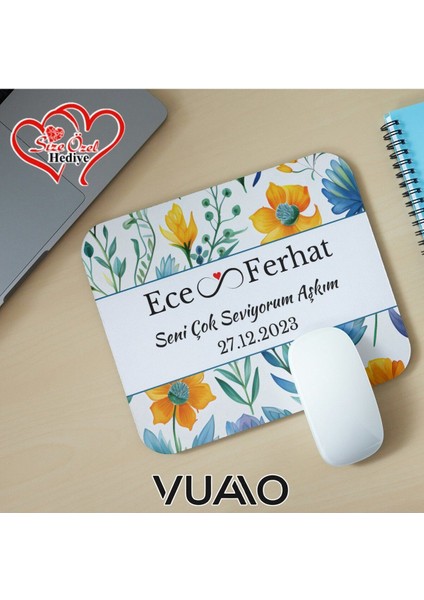 Kişiye Özel Isimli ve Tarihli Desenli Mouse Pad 21X17 Cm, Kaymaz Taban - Baskılı Mousepad