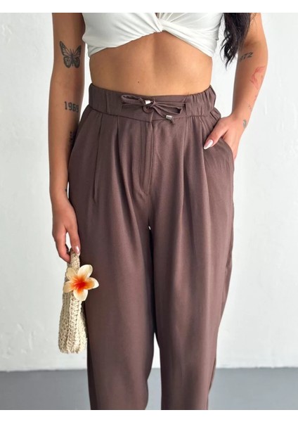 Kadın Yüksel Bel Rahat Paça Pantalon - Kahverengi