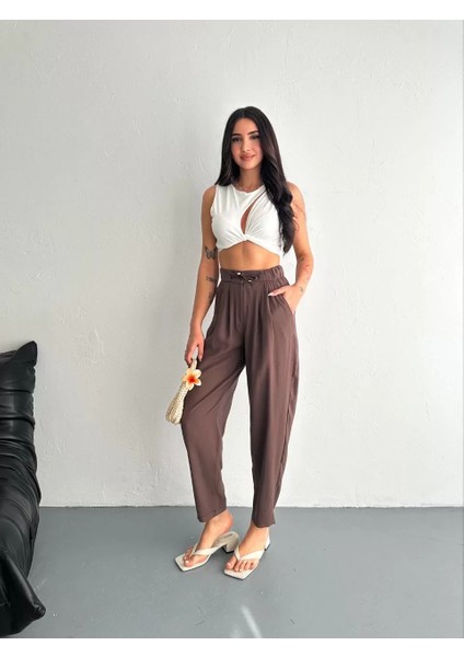 Kadın Yüksel Bel Rahat Paça Pantalon - Kahverengi indirimleri