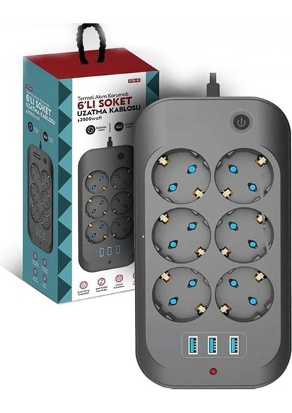 Hoala Termal Akım Korumalı, 6'lı Priz Soketi, 3x USB Girişli Çocuk Korumalı Uzatma Kablosu (2mt Kablo)