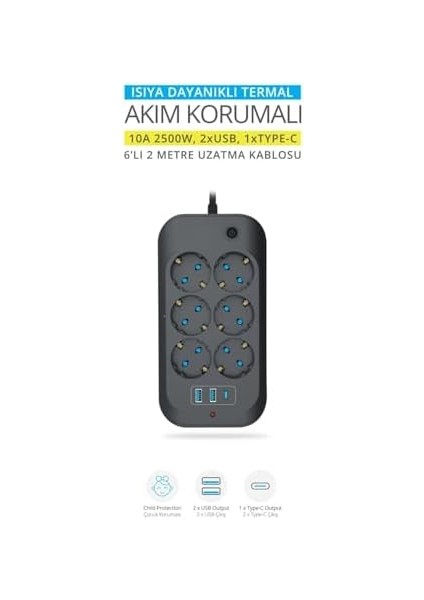 Hoala Termal Akım Korumalı, 6'lı Priz Soketi, 3x USB Girişli Çocuk Korumalı Uzatma Kablosu (2mt Kablo) fiyatları