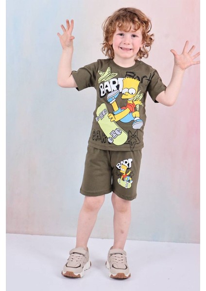 Pjkskt Simpson Desenli Haki Şortlu Erkek Çocuk Kısa Kol Takım 7616-H