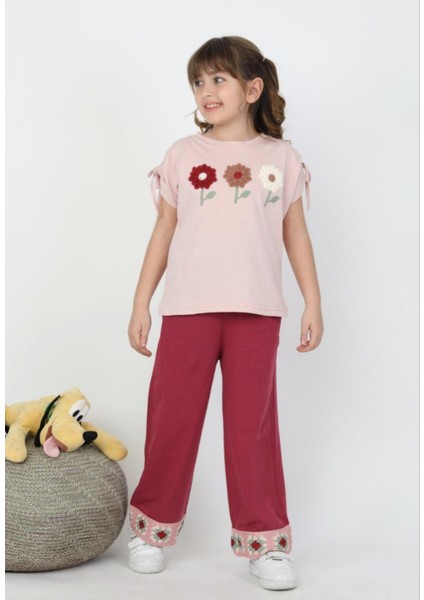 Önü Çiçek Işlemeli Kız Çocuk Alt Üst Takım
