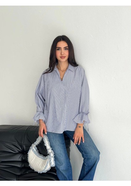 Arkası Asimetrik Yırtmaç Kesim Detaylı Cizgili Bluz Gömlek - Füme modelleri