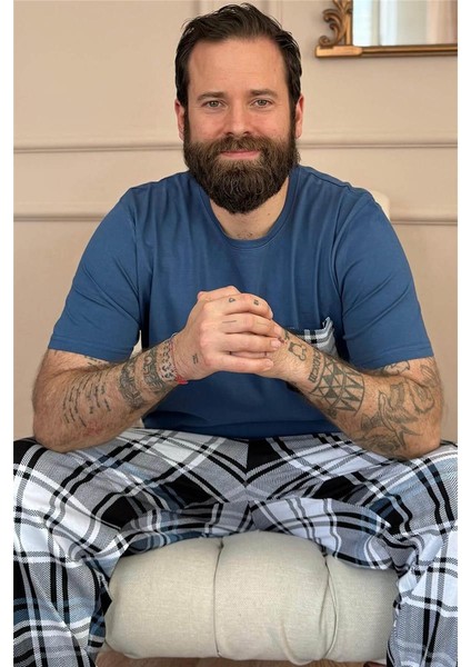 Indigo Siyah Ekose Cep Detay Kısa Kollu Erkek Pijama Takımı