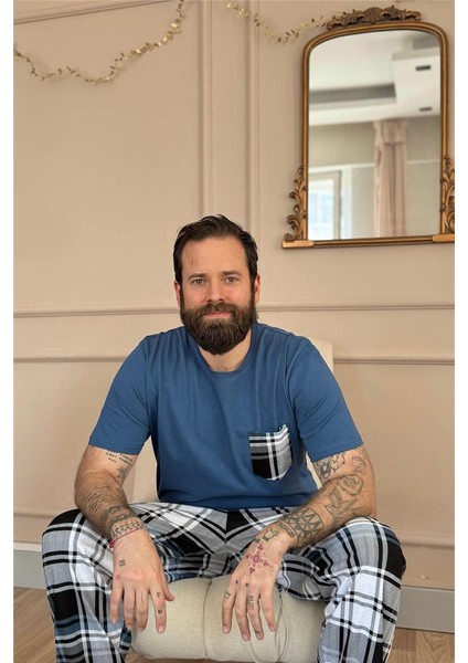 Indigo Siyah Ekose Cep Detay Kısa Kollu Erkek Pijama Takımı fiyatları