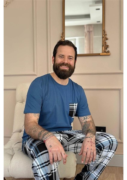 Indigo Siyah Ekose Cep Detay Kısa Kollu Erkek Pijama Takımı modelleri