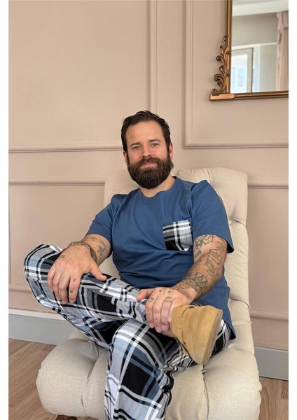 Indigo Siyah Ekose Cep Detay Kısa Kollu Erkek Pijama Takımı fırsatları