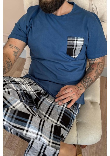 Indigo Siyah Ekose Cep Detay Kısa Kollu Erkek Pijama Takımı indirimleri