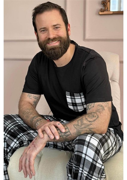 Siyah Füme Ekose Cep Detay Kısa Kollu Erkek Pijama Takımı